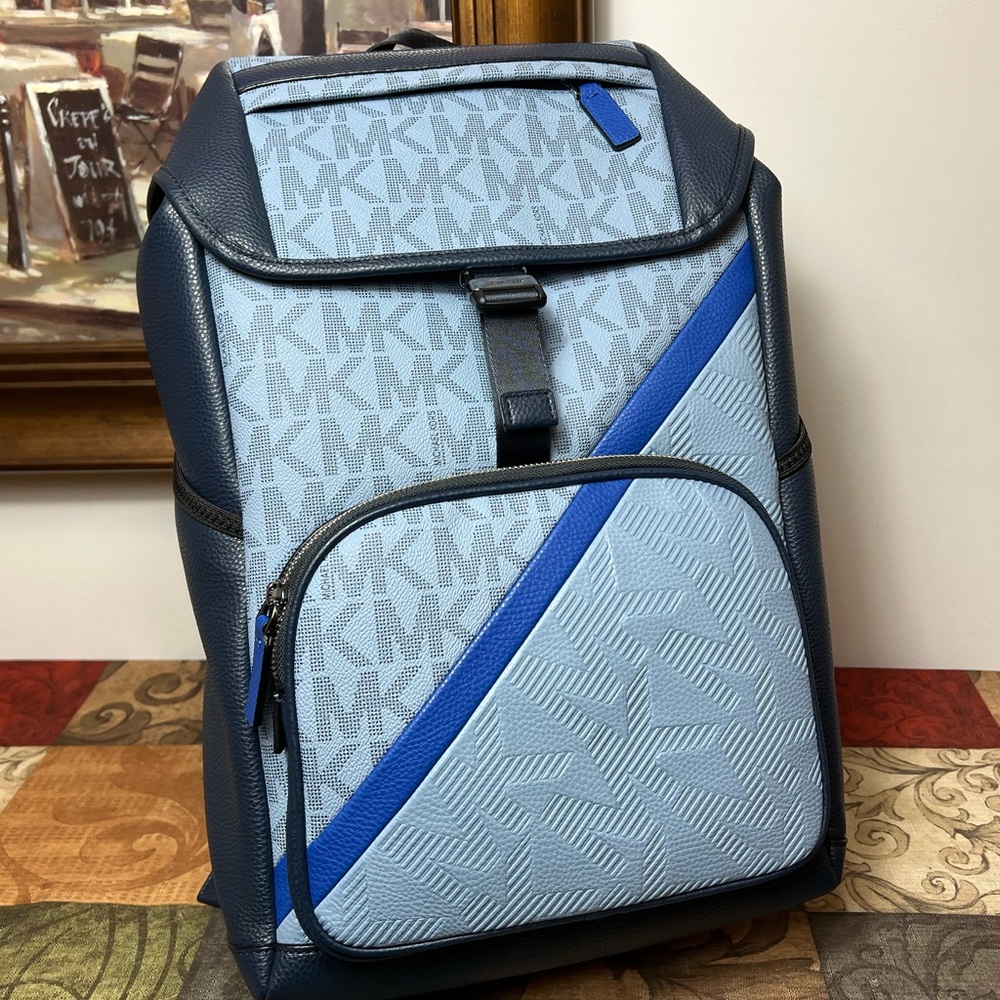 Michael Kors Mens Cooper Embossed Faux Leather and Logo Stripe Backpack - Picture 3 of 8